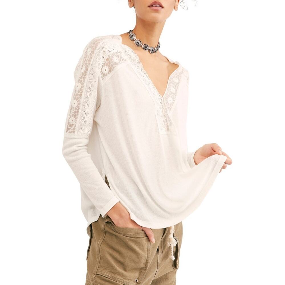 Free People Cream Lace-Trim Long Sleeve Tee - Picture 2 of 14